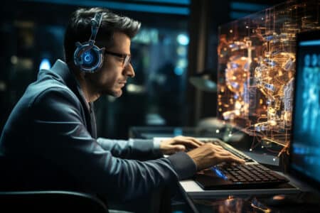 all images man wearing headphones using computer