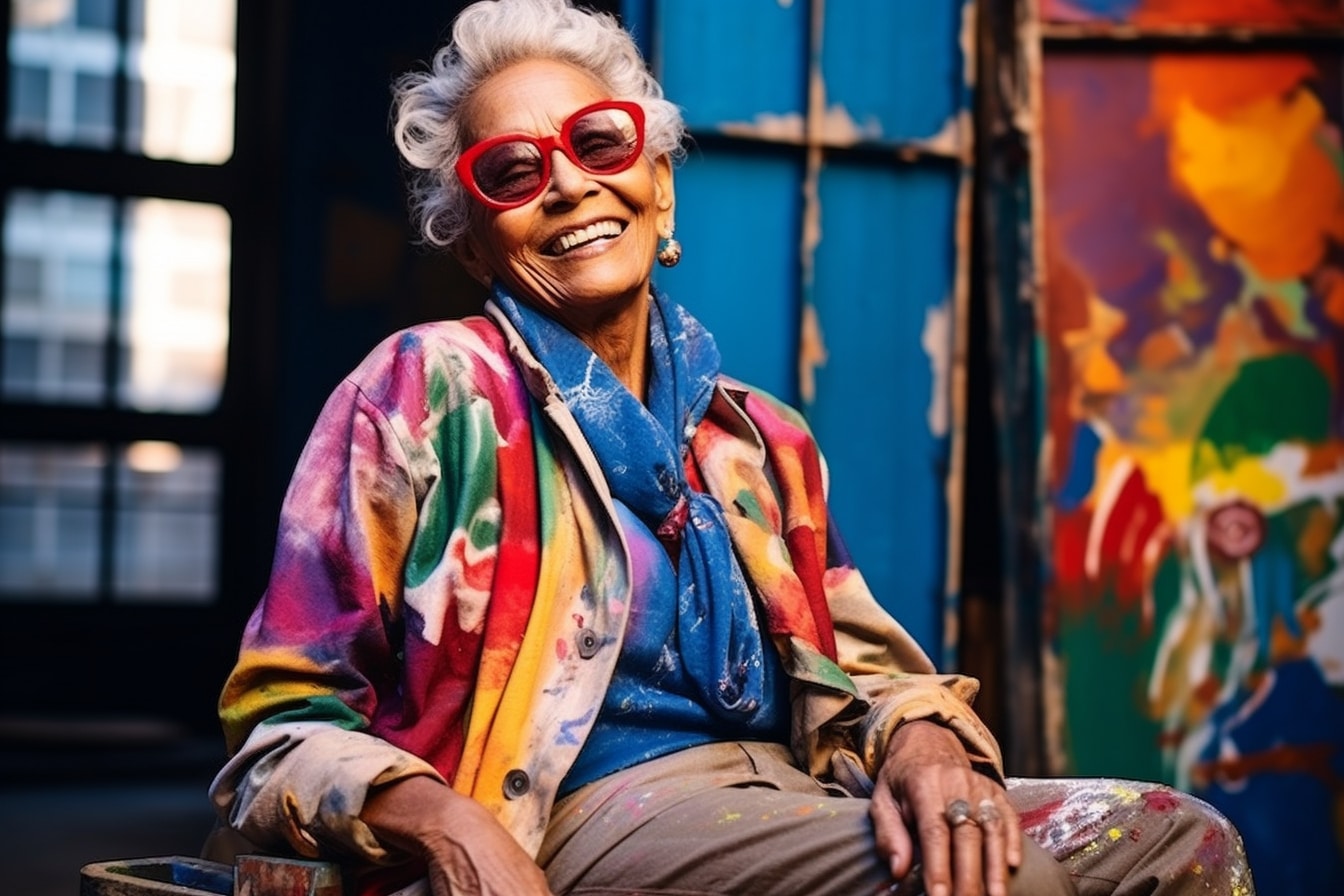 all images woman wearing red sunglasses colorful jacket